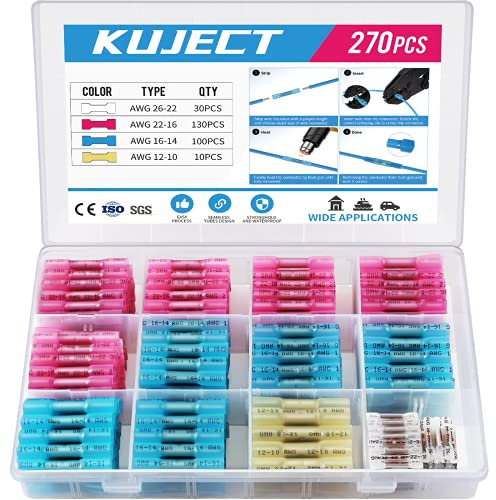 Kuject Kabelverbinder 270stk Stoßverbinder, Quetschverbinder Wasserdicht Schrumpfverbinder Set 10-26 AWG Stossverbinder