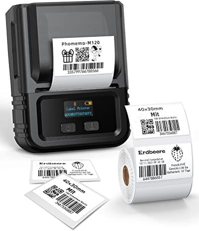 Phomemo M120 Etikettendrucker Bluetooth mit Etiketten, Barcode Drucker Beschriftungsgerät Thermoetikettierer Druckgröße 20-50 mm Kompatibel mit iOS und Android für Heim, Büro