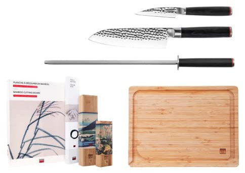 Kotai Le Set de Base Deluxe 4 pièces : 2 couteaux (couteau d'office + santoku) + planche à découper en bambou + fusil à aiguiser