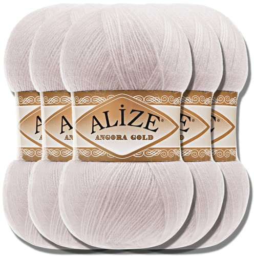 Hobby YARN Alize 5x 100g Angora Gold Türkische Premium Wolle Dünne Mohair aus Schurwolle Babywolle als Strickgarn Handstrickgarn Einfarbig Uni Yarn (Winter White | 168)