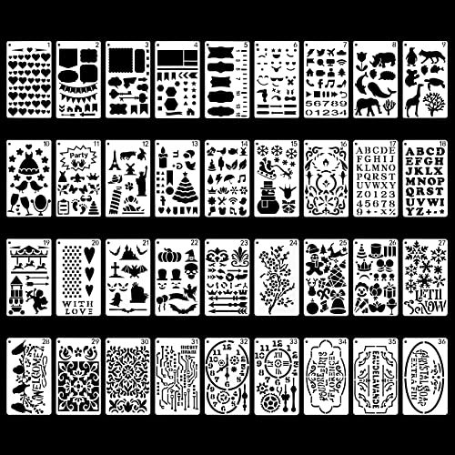 WIMas 36 Stück Journal Schablonen Set, Wiederverwendbare Schablonen Zeichnen Schablonen Malschablone Geometrische Schablonen Tagebuch Tool mit Kreisring