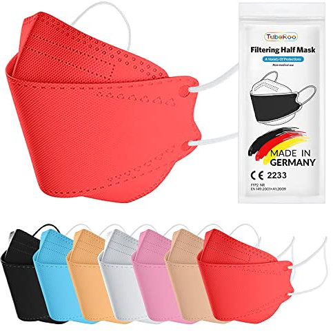 TubeRoo FFP2 Maske MHD 04.2025 rot Fischform 50 Stück Masken, Made in Germany, Versand aus Deutschland, weiche Ohrschlaufen Bänder, Atemschutzmaske