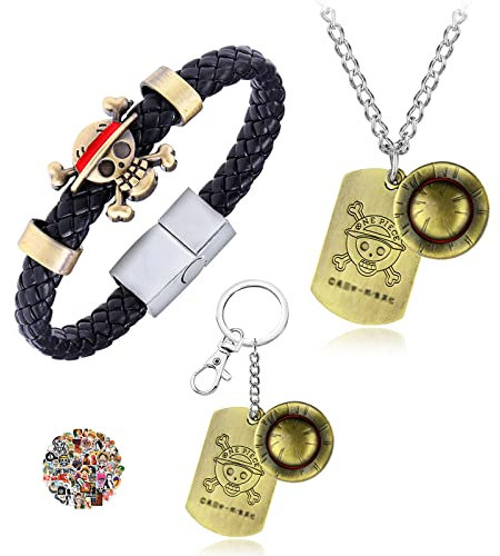 YouU Anime One P. Cosplay Kostüm Schmuck Zubehör Luffy Halskette Anhänger Schlüsselanhänger PU Leder Armreif Skelett Anhänger Armband Armband mit Aufklebern 23pcs, Leder Leder Polyurethan