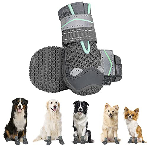 Eyein Hundeschuhe Pfotenschutz, 2 Stück atmungsaktiv Hundeschuhe mit Rutschfester Sohle und reflektierendem Klettverschluss für kleine, mittlere und große Hunde, Sport im Freien, Dunkelgrau, Größe 8
