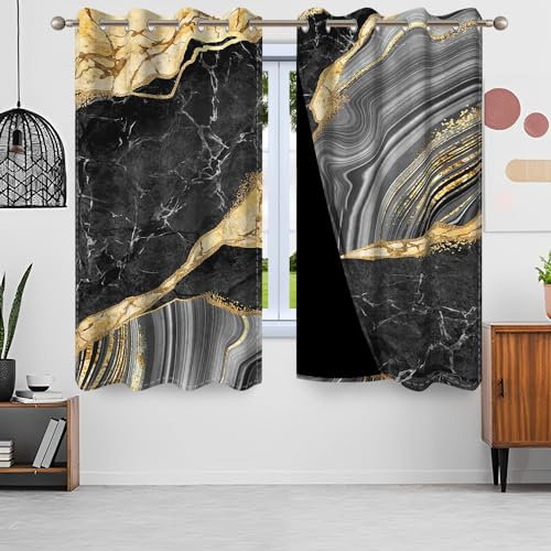 Uiiooazy Gardinen Marmoroptik, Vorhang Blickdicht Abstrakte Schwarz Grau Marmoriert Vorhänge Polyester Gardinen mit Ösen Verdunklungsvorhänge für Wohnzimmer Schlazimmer Fenster, 2er Set, 140x245cm
