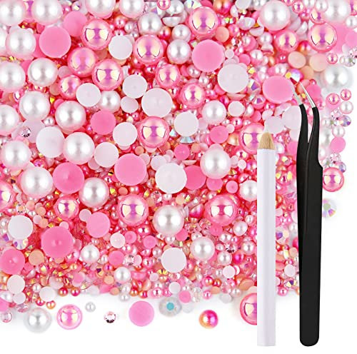 ASTARON 50g Mix Halbperlen und Glitzersteine für Kunsthandwerk, 3mm-10mm FlatBack Perlen und Strasssteine für Gesicht Nagel DIY Becher Becher Kunst Schuhe Kleidung (Rosa Serie)