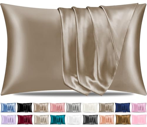 Pamposh Satin Silk Pillowcases For Hair And Skin 2 Pack Standard Size with Envelope Closure (2 Pcs Pillowcases (50 x 75 cm), Khaki)