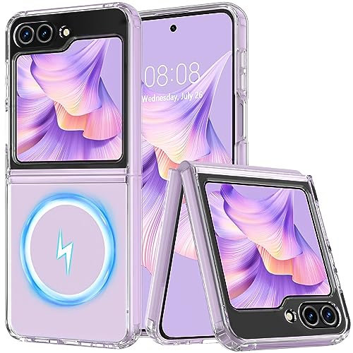 OWKEY Samsung Galaxy Z Flip 5 Case, [Designed for Magsafe], Transparent Magnetic Shockproof Military-Grade Protection, Hard PC Back with Soft TPU,Slim Cover Phone Case for Galaxy Z Flip 5 5G, Clear