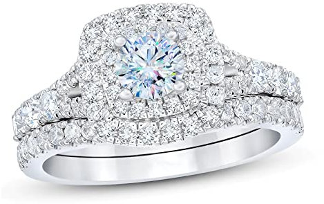 Molioaki Damen Platin überzogenes Silber Brilliant Cut 5A Zirconia Ring Set Schmuck für Braut Hochzeit Band Verlobungsring Trauring Ehering -60