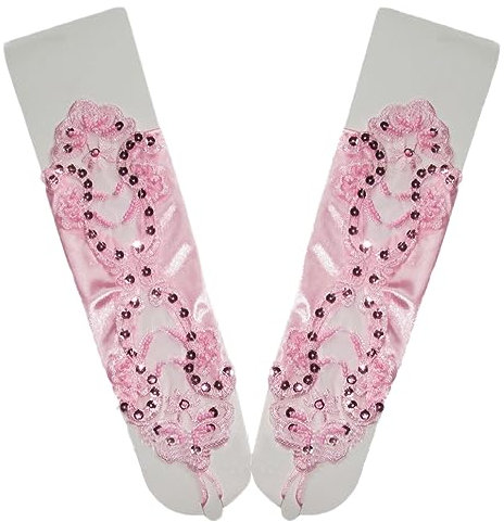 Spitzenhandschuhe für Frauen,elegante Handschuhe Paillettenröschen Spitzenhandschuh Hakenfinger-Spitze florale Handschuhe zum Binden für Hochzeit Bankett Kostümzubehör Party Abendessen,Rosa