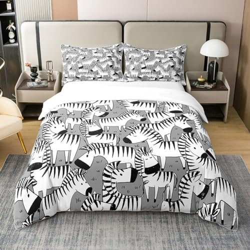 richhome 100% Natur Baumwolle Cartoon Zebra Bettbezug Set Schwarzer weißer Streifen Geometrie Tröster Cover Set 135x200 mit 1 Kissenbezug Wildtiere Thema Bettwäsche Set