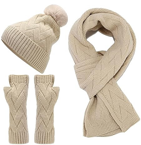 Warme Winter-Strick-Sets für Damen Frauen & Männer Herbst Winter Warme Wolle Hut Schal Handschuhe Slouchy DREI Stücke Winter Schnee Strickmütze Bildschirm Warme Mütze mit Schal und (Beige, One Size)