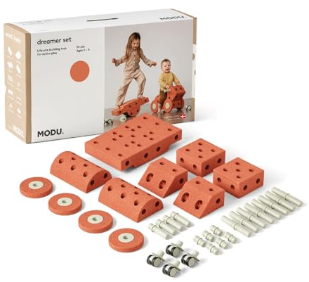 Das MODU Dreamer Set | Burnt Orange & Dusty Green | Bauspielzeug in Lebensgröße | 25+ Bauideen für aktives Spiel & Motorik | Rutscher & Balance-Spielzeug | Kreatives Spiel, 0-6 Jahre