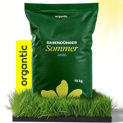 Organtic Sommerrasendünger 10kg, Hochwirksamer Dünger für sattgrünen Rasen, ideal bei Sommerstress, bekämpft Moos, niedriger Staubgehalt, geeignet für Streuwagen