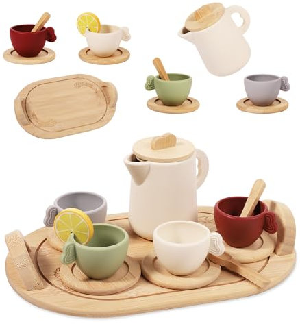 13stk Teeservice aus Holz für Kinder, Spielküchenzubehör Rollenspiel-Teeparty-Set Holzspielzeug Teeservice für Kinder Jungen Mädchen Geschenk