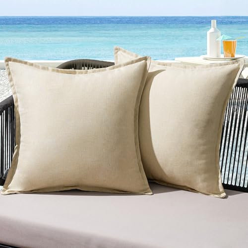 MIULEE Outdoor Kissen Wetterfest Kissenbezug Wasserdichter Dekorative Kissenbezüge Leinen-Optik Sofakissen Dekokissen für Garten Sofa Couch Wohnzimmer Schlafzimmer 2er Set 50x50cm Beige