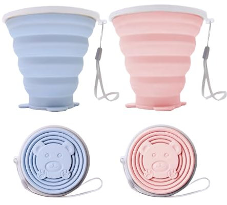 DAWOOWF 270 ml gobelet portable pliable de voyage avec couvercle en plastique, gobelet pliable en silicone sans BPA, réutilisable, idéal pour pique-nique, camping, randonnée et voyage (Rose + Bleu)