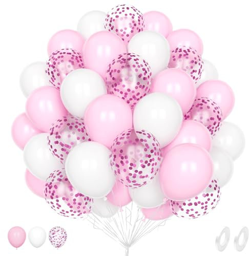 Palloncini Rosa Bianchi, 60 Pezzi 12 Pollici Pastello Baby Rosa Opaco Bianchi Coriandoli Latex Palloncini per Bambina Battesimo Donna Principessa Compleanno Anniversario Feste Decorazione