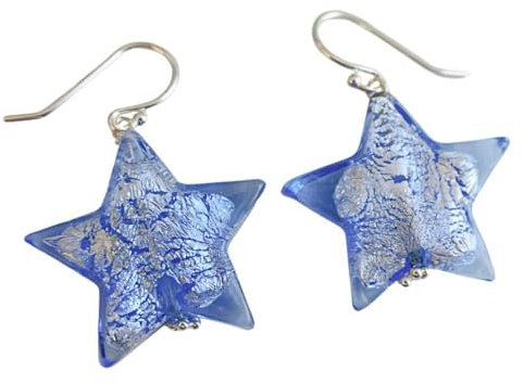 Murano Glas Ohrringe Blau 22 mm, Sterne, Sterlingsilber