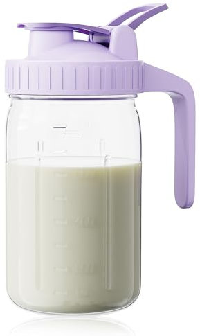 Breast Milk Pitcher, Mason Jar 32 oz, Heavy Duty Wide Mouth Jar with Purple Flip Cap Lid and Pour Spout, Formula Pitcher Airtight Seal for Freshness and Convenience, Great for Cold Beverages