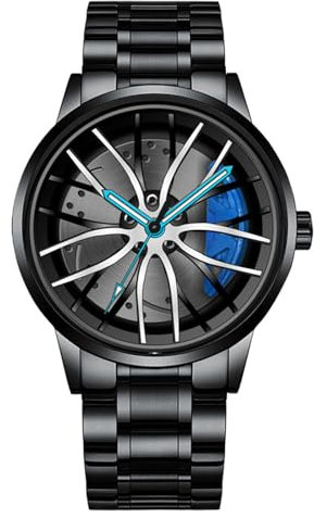 JOATVEE Herren Felgenuhr, Motorsportuhr im 3D Felgendesign aus Edelstahl, Leuchtzeiger wasserdichte Uhr mit Mineralglas, Sportuhr Quarzuhr
