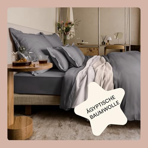 Amqua Baumwollsatin Bettwäsche 155 x 220 cm Dunkelgrau | Luxus Hotelbettwäsche aus ägyptischer Baumwolle mit 80x80 Kissenbezug