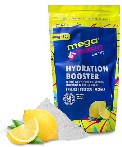 MEGA BASIC® HYDRATION BOOSTER - Elektrolyt Pulver - Basisch-Isotonisches Sportgetränk, Premium Elektrolyte - Für Sport, schnelle Regeneration & optimale Hydratation - 400g mit Zitrone-Geschmack