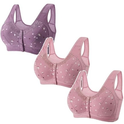 3 Pack Front Fastening Bras for Women UK Lace Daisy Print Push Up Bra Wireless Underwear Soft Comfort Full Coverage Sports Bras Women Sexy Yoga Running Lounge Bra Ladies Everyday Bras