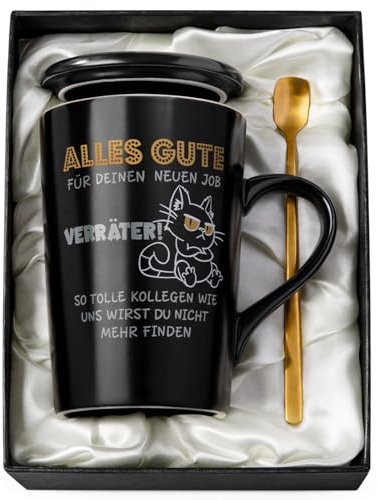 Doublewhale Abschied Kollege Jobwechsel, Geschenk zum Abschied Tasse von Kollegen für die Arbeit, mit Spruch Abschiedsgeschenk, 14oz Schwarze Kaffeetasse mit Deckel und Löffel Grußkarte, Geschenkbox