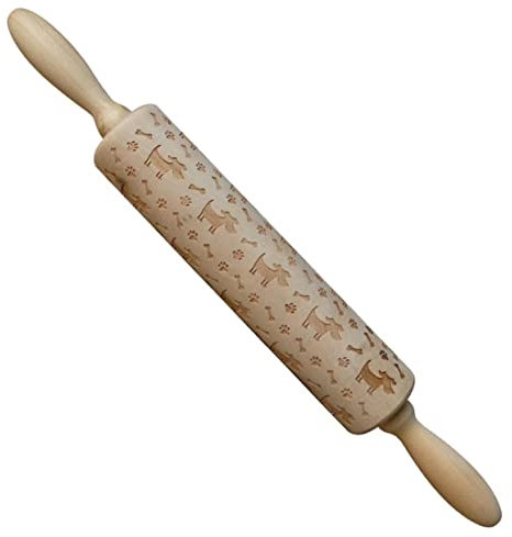 BEBEMOKO Nudelholz Aus Holz Mit Hundemuster Geprägtes Backrolle Rutschfester Griff Für Keksteig Pizza Fondant Zuhause
