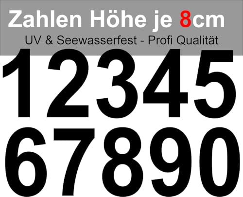 Zahlen Aufkleber Höhe je Zahl 8cm, Set wählbar zwischen 10 und 100 Stück, UV & Seewasserfest für alle Oberflächen, Auto, Motorrad, Mülleimer, Briefkasten, Haustür Sticker