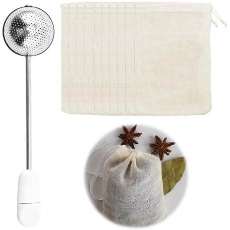 Tea Strainer, 1 Pack 304 Stainless Steel Tea Infuser & 10 Pack Empty Reusable Tea-Bags Rotating Strainer Ball Fine Mesh Filters Diffuser for Brewing Steeping Leaves Spices Loose Leaf in Mug Cup