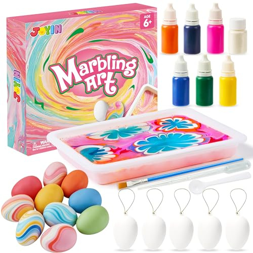 JOYIN Kit de bricolage pour œufs de Pâques à suspendre - Peinture marbrée à l'eau pour enfants - Décoration de Pâques pour branches et arrangements de Pâques - Artisanat pour filles et garçons - Œufs