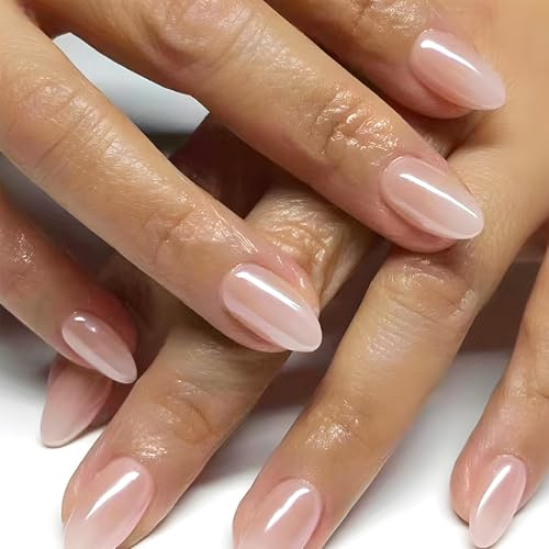 24pcs Almond False Nails - Light Pink Stick on Nails - Oval Short Fake Nails with Glue - 12 Sizes Aurora French Tip False Nails - Full Cover Acrylic Nail with Design Elegant