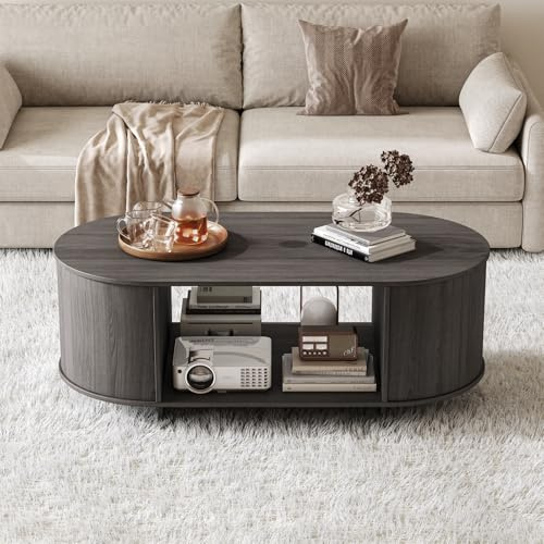 SVEYLXA Moderner ovaler Couchtisch mit Stauraum, runder Wohnzimmertisch, niedriger rustikaler Stubentisch aus Holz für Wohnzimmer, Schlafzimmer, Home-Office, Grau