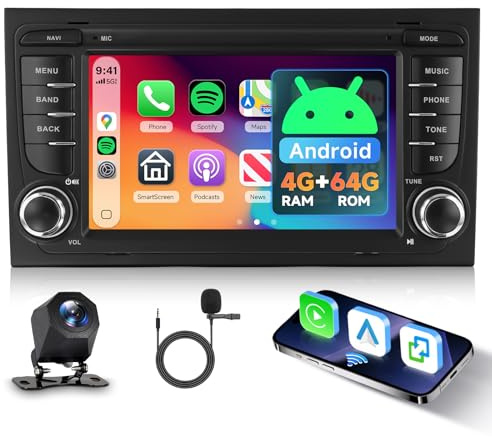 Hodozzy 4G+64G Android Radio para Audi A4 S4 RS4 B6 B7 B5 8E/8H 2002-2008 Seat Exeo con Carplay Android Auto Inalámbrico, Radio Pantalla Táctil 7 Pulgadas con GPS, Bluetooth, WiFi DSP, FM/RDS Cámara