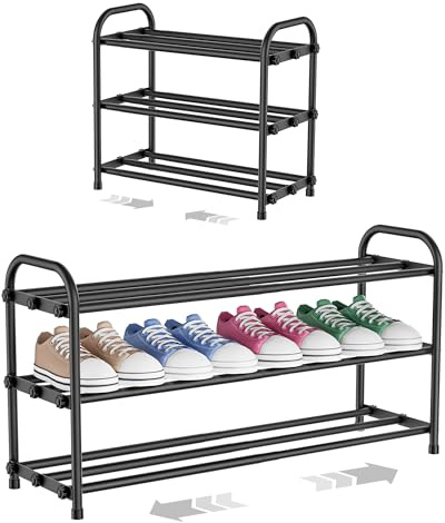 Zecaveler Ausziehbares Schuhregal Schmal，3 Ebenen Adjustable schuhablage Metall，Breite 43 to 78cm，Schwarz Schuhablage，schuhregal platzsparend，für Eingangsbereich, Flur und Ankleidezimmer