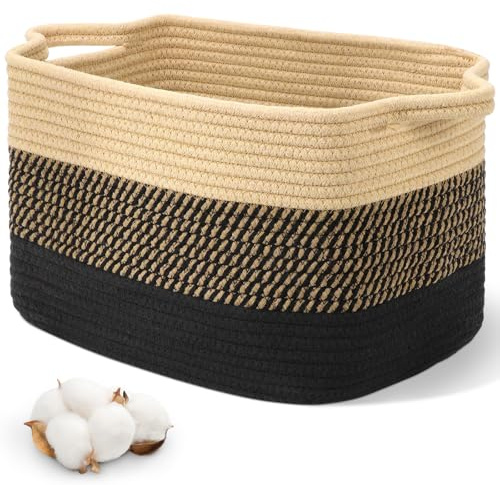 Alyvisun Piccolo Cestino Portaoggetti, Portabiancheria per Camera da Letto, Soggiorno, Stanza dei Bambini, Cesto di Rete in Cotone Rettangolare per Giocattoli, Coperte, Asciugamani, 33x21.5x23 cm