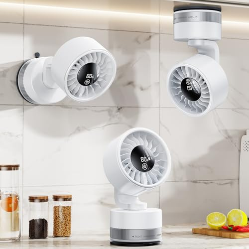 WISFISSH Rechargeable Suction Cup Wall Fan with LED Display, White | Multi-angle Adjustable, Battery Operated, 5 Speeds, For Kitchen Bathroom Vanity Mirror Treadmill Desk