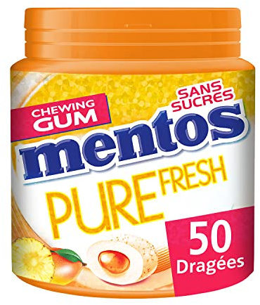 Mentos - Chewing-Gum Mentos Pure Fresh Tropical - Chewing-Gum Sans Sucres - Parfum Tropical Mangue Ananas Orange Ultra Gourmand - Dure Longtemps - 8 Boîtes de 50 Dragées