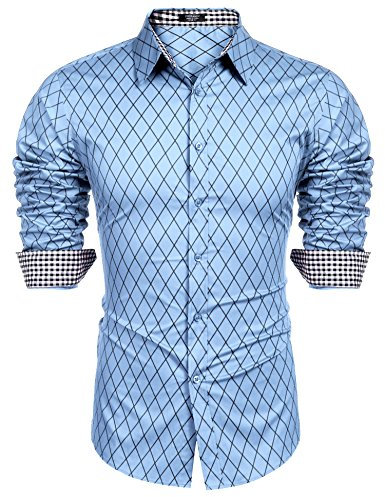 COOFANDY Men's Business Dress Shirt Long Sleeve Slim Fit Casual Button Down Shirt, Blue, S