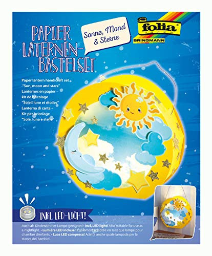 folia 68101 - Laternen - Bastelset, Sonne, Mond & Sterne, inklusive Laternenstab und LED-Licht