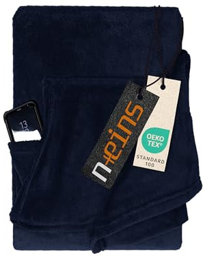 npluseins Decke mit Ärmeln Geschenke für Frauen und Männer 130x180 cm TV Deckenpullover Kuscheldecke das Original mit Ärmel & Bauchtasche 1448.2043, Marine