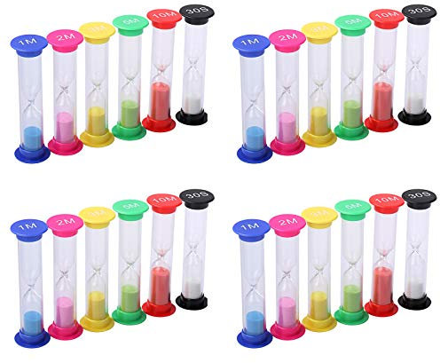 WELLGRO Sablier - 30 Secondes, 1 Min, 2 Min, 3 Min, 5 Min, 10 Min - Quantité au Choix - Quantité : 24 pièces-Plastique/Verre/Sable de Quartz - Environ 2,4 x 8,5 cm (diamètre x Hauteur) - Mulitcolor