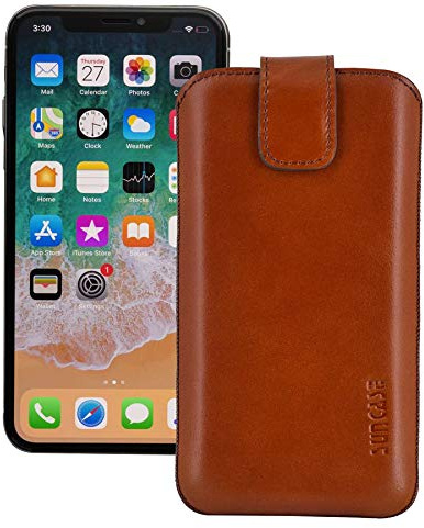 Suncase ECHT Leder Tasche kompatibel mit iPhone 12 Pro (6.1) mit ZUSÄTZLICHER Transparent Hülle | Schale | Silikon Bumper Handytasche (mit Rückzugsfunktion und Magnetverschluss) in Mocca braun