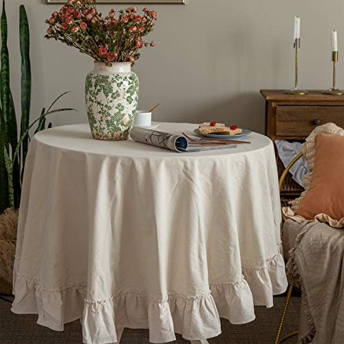 Glory Season Retro Farmhouse Ruffle Round Tablecloth Cotton Flounces Trim Washable Table Cover White Tablecloths for Recta.
