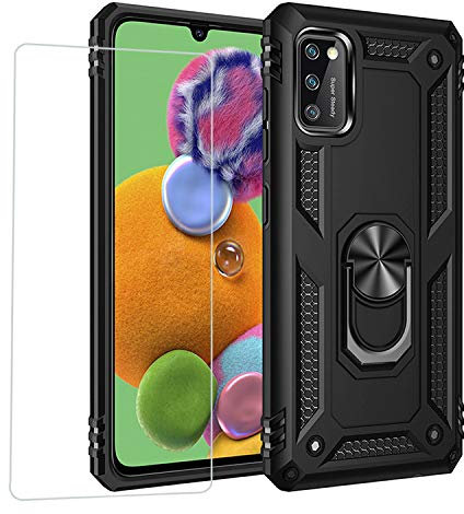 Joytag kompatibel für Samsung A41 Hülle,handyHülle+ panzerglasfolie Silikon TPU 360 Grad Drehring aus Halter magnetisch Autotelefon case-Schwarz