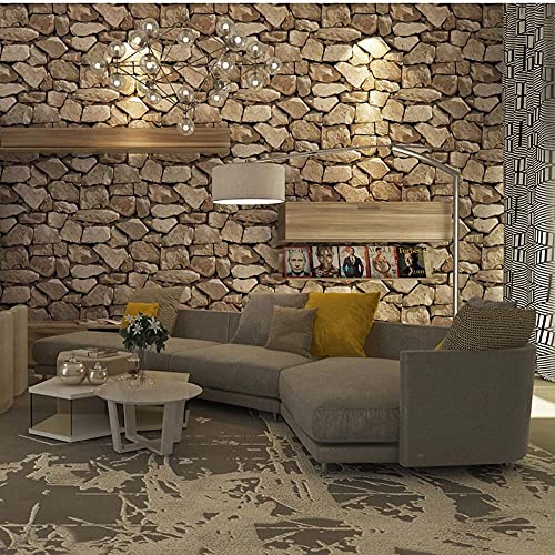 PVC Retro 3D Stereo Imitation Stone Texture Wallpaper Kitchen Bathroom Living Room Fireplace Furniture TV Background 1.73'W X 32.8'L (Sandy Brown)