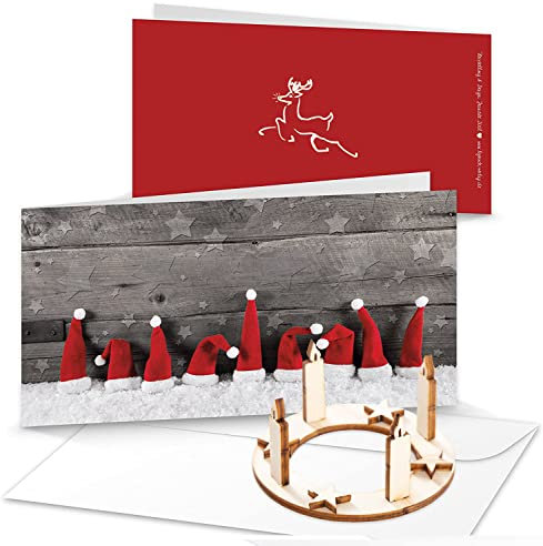 Logbuch-Verlag 10 längliche Weihnachtskarten rot grau weiß mit Nikolausmützen - innen leer - mit Kuverts + Adventskranz Miniatur aus Holz