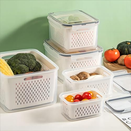 Aagglly 15 PCS Fruit Storage Containers for Fridge with 5 Airtight Lids,5 Removable Colander,5 Food Storage Container,Produce Saver Container Dishwasher Safe Keep Berry Fruit Vegetable Fresh Longer